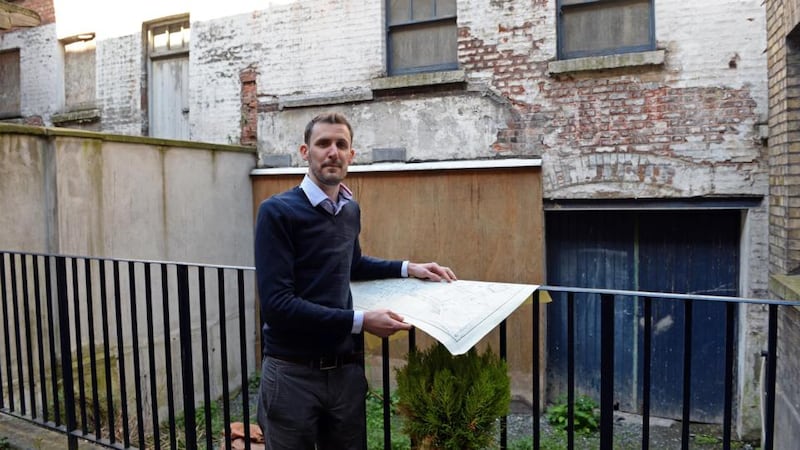 Graham Hickey of Dublin Civic Trust at the derelict mews buildings at the rear of the Little Museum on St Stephen’s Green, Dublin. Photograph: Eric Luke