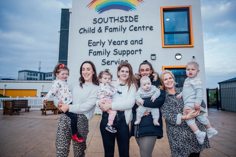 Aileen Harrold, Teen Parent Support Programme; Jodie Reeves with her two daughters, Jayda-Cathyann (3) and Rylee (1); Courtney Cronin with her sons, Dawson (2) and William (four months); and Joanne Ryan, Teen Parent Support Programme pictured at The Southside child and family centre. Photograph: Brian Arthur