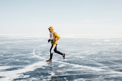 Baikal Ice Marathon participants run on the frozen surface of Lake Baikal, in Russia, in March, 2019. Photograph: Emile Ducke/The New York Times