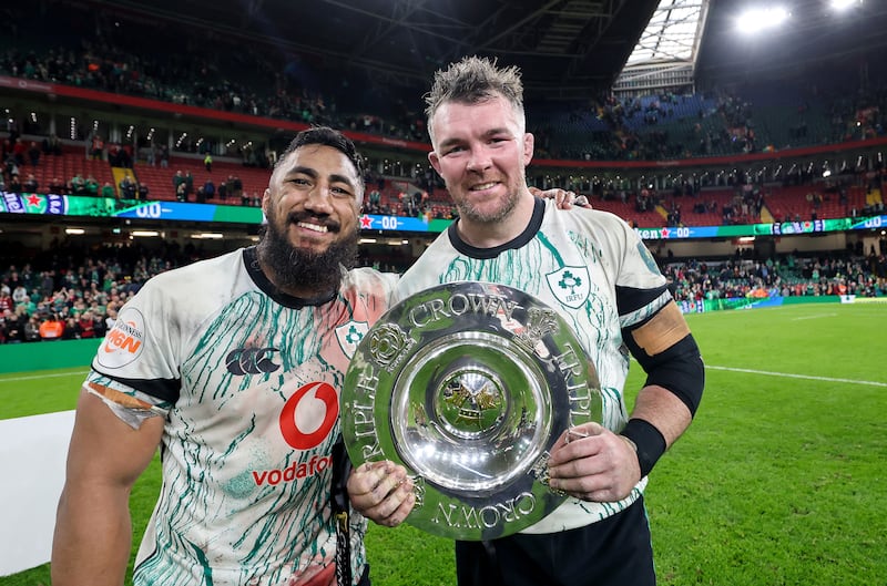 Ireland's Bundee Aki and Peter O’Mahony after the Wales game. Photograph: Ben Brady/Inpho