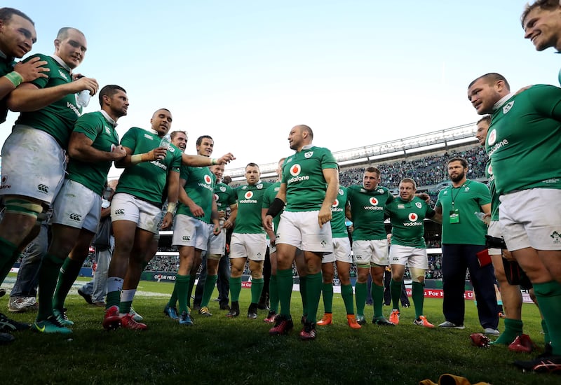 Ireland's captain Rory Best speaks to the team after victory over the All Blacks at Soldier Field, Chicago in 2016. Photograph: Billy Stickland/Inpho 