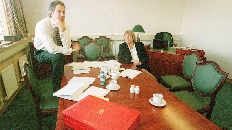 Tony Blair with his Northern secretary Mo Mowlam at Stormont the day before the Belfast Agreement was signed. Photograph: John Giles/Reuters