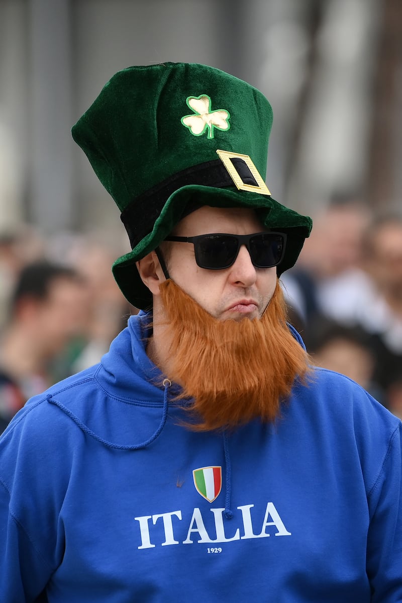 Mixed messages: An Italian fan with an Irish twist prior to the Guinness Six Nations 2025 match between Italy and Ireland at Stadio Olimpico. Photo: Mike Hewitt/Getty Images