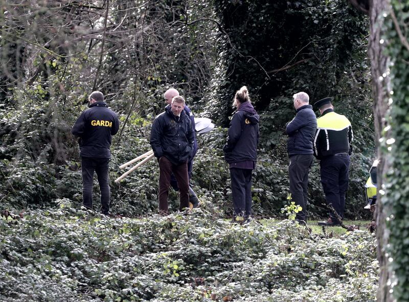 Gardai with shovels at Santry Demesne on Thursday morning where the search for missing Icelandic man, Jon Jonsson is taking place. Photograph: Collins