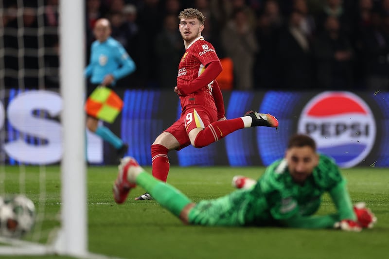 Liverpool's Harvey Elliott scores against PSG in the Champions League Round of 16 first-leg fixture in Paris. Photograph: Franck Fife/AFP via Getty Images