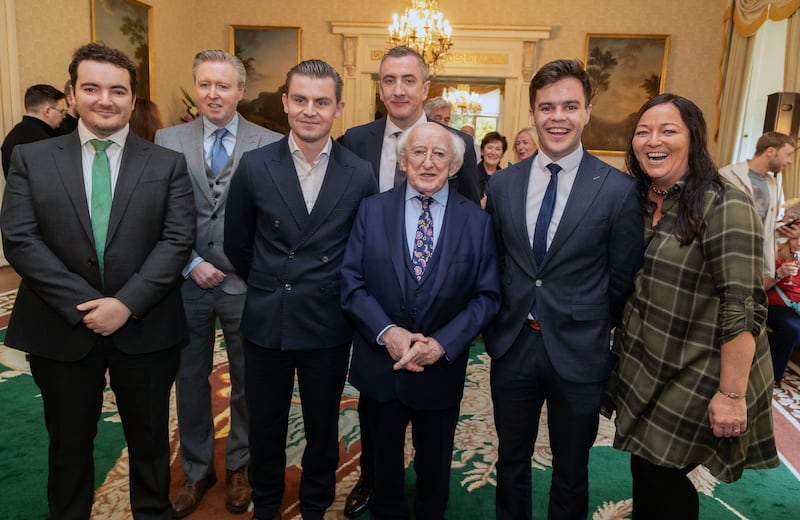 President Michael D Higgins with solicitor Darragh Mackin, the Stardust legal team, and Pamela McDonnell (right) niece of Stardust victim Julie McDonnell at the event. Photograph: Colin Keegan/Collins Dublin