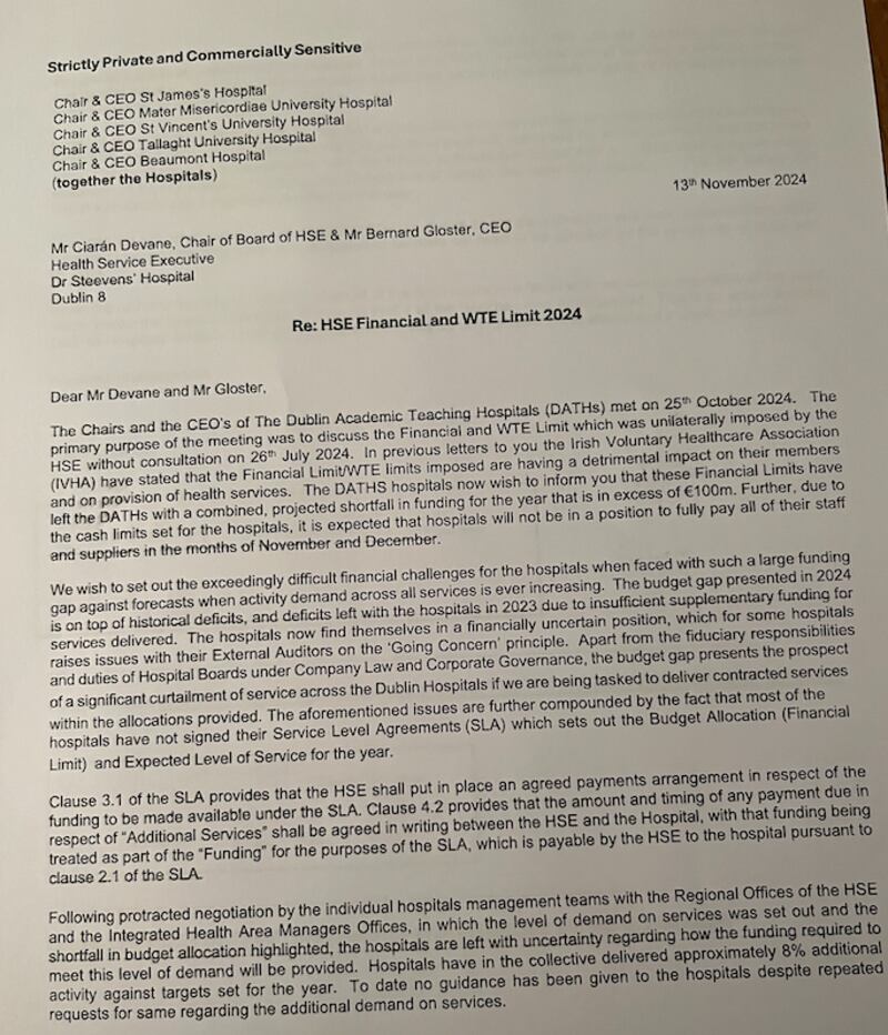 The letter sent to HSE chairman Ciaran Devane and chief executive Bernard Gloster on November 13th