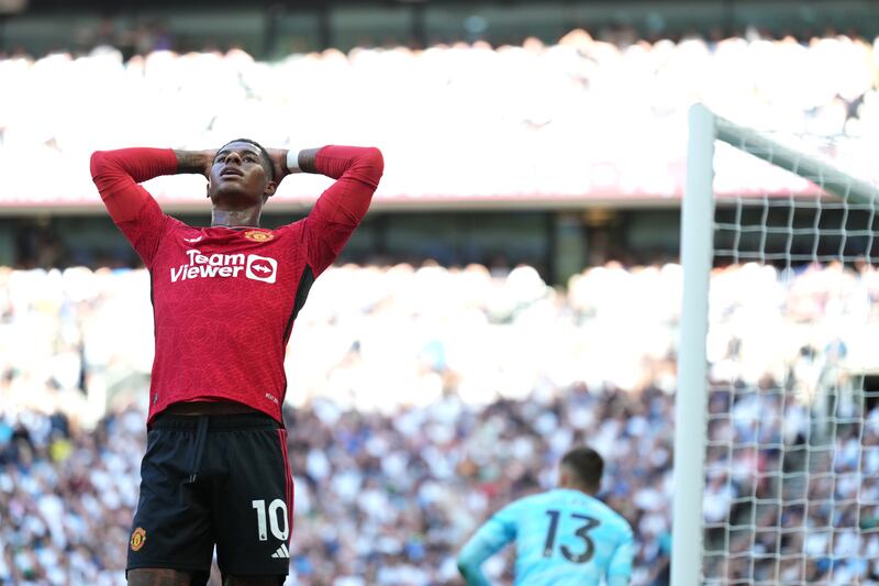 Manchester United's Marcus Rashford reacts during match at the Tottenham Hotspur Stadium, London: Hojlund should be able to take some attention off his team-mate – the Dane says he has done 100m in under 11 seconds, so opposition defenders will watch him go. Photograph: John Walton/PA