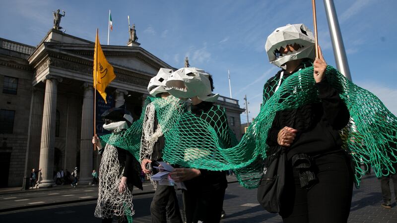 Some  50 people march  from the Garden of Remembrance to Leinster House calling for better protection for Ireland’s oceans and marine life. Photograph: Gareth Chaney/Collins