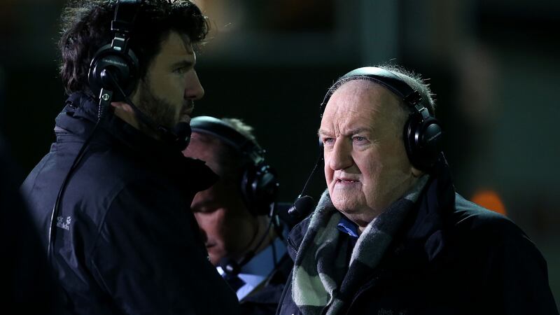 RTÉ analyst George Hook talks to Shane Horgan during Leinster v Ulster in 2013. Photo: Ryan Byrne/Inpho