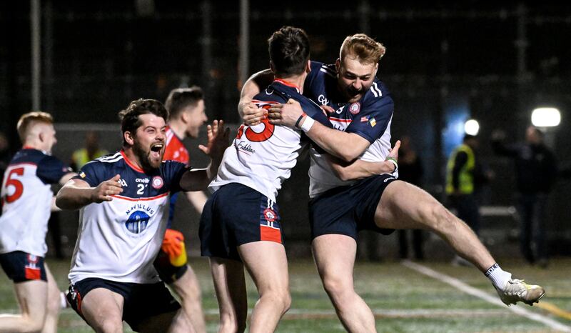 New York’s Niall Madine, Mikey Brosnan and Killian Butler celebrate their victory in the penalty shootout against Leitrim in the Connacht Senior Football Championship quarter-final at Gaelic Park, New York, earlier this month. Photograph: Emily Harney/Inpho