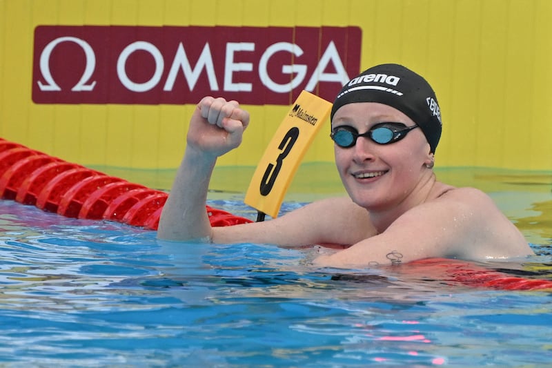 Ireland's Danielle Hill celebrates her victory in the 50m backstroke final during the European Aquatics Championships in Belgrade. Photograph: Getty Images