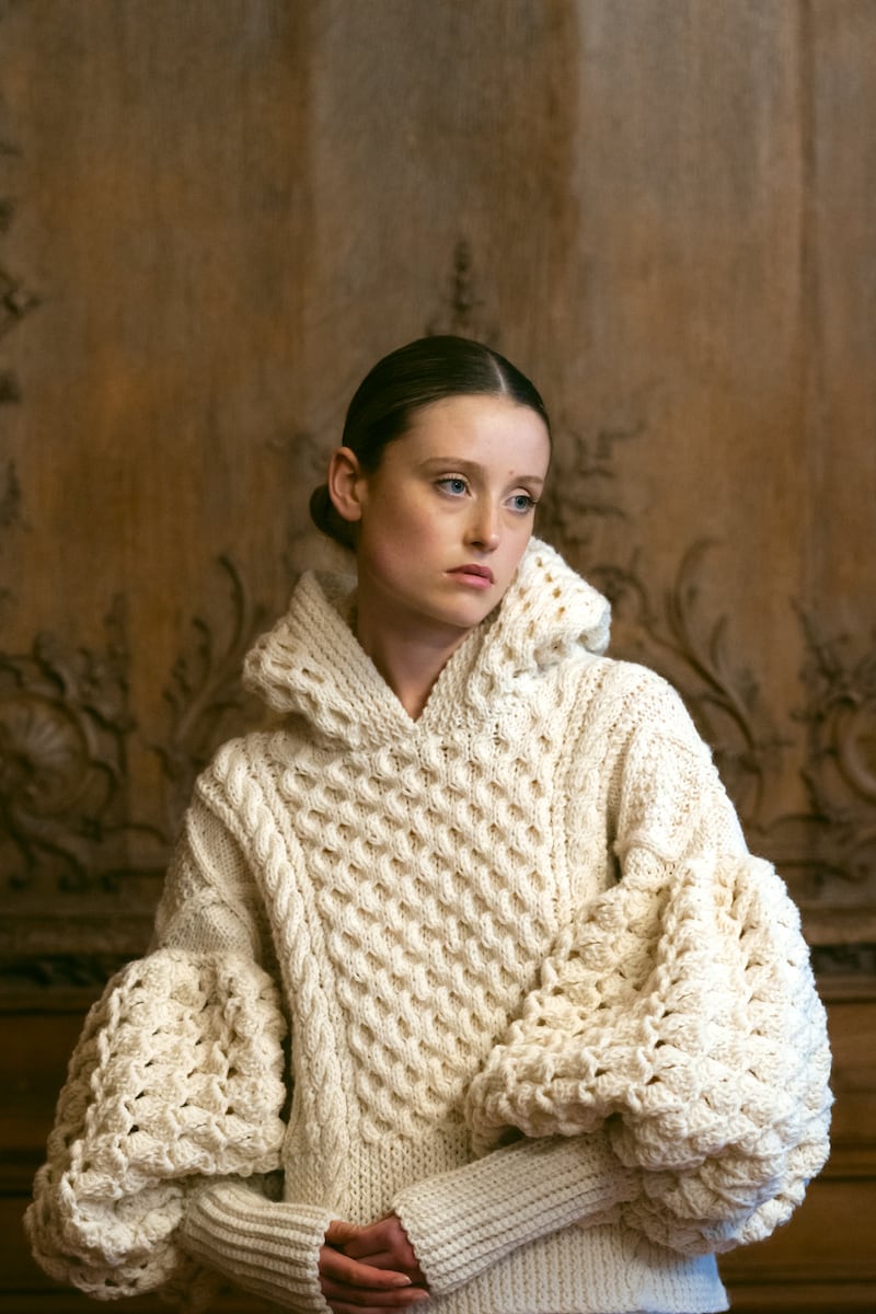 Cass: handknit hoodie in ivory €1,550