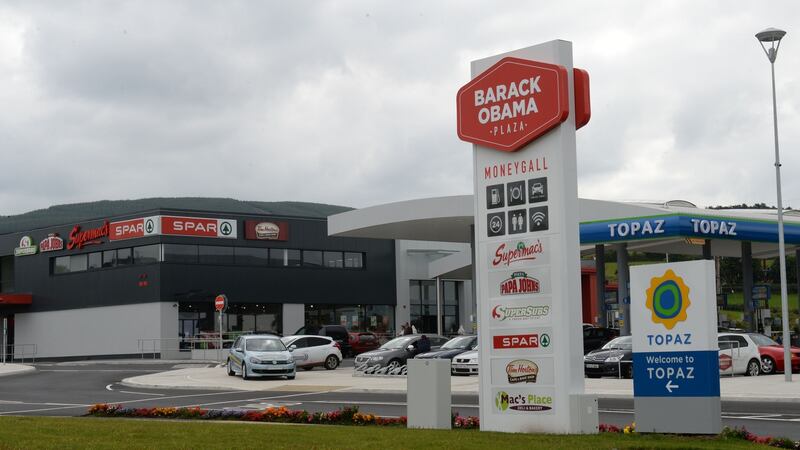 The Barack Obama Plaza, Moneygall, Co Offaly,  is unique among Irish petrol stations in that it also has a museum and a life-size cardboard cutout of himself and Michelle. Photograph; Dara Mac Dónaill