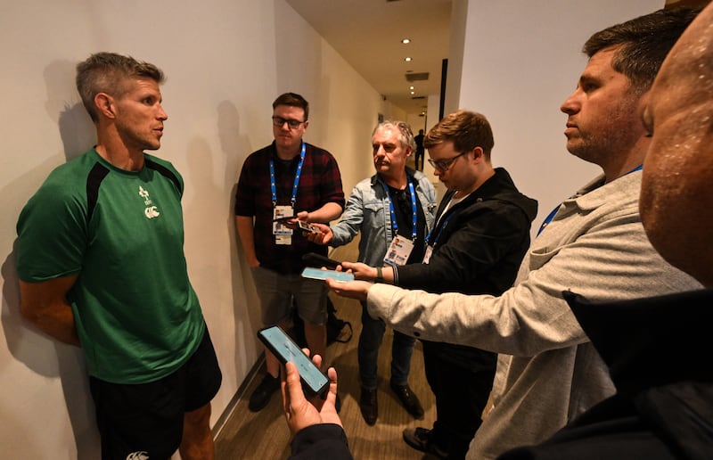 Ireland interim head head coach Simon Easterby speaks to the media after the game. Photograph: Matteo Ciambelli/Inpho