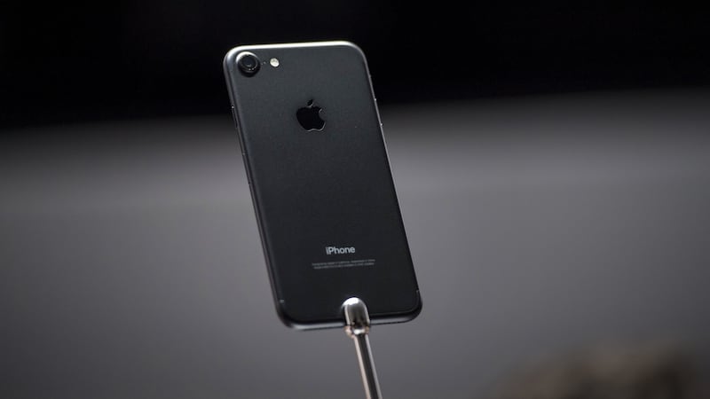 The iPhone 7 is displayed during an event in San Francisco, California. Apple unveiled new iPhone models  featuring a water-resistant design, upgraded camera system and faster processor. Photograph: David Paul Morris/Bloomberg