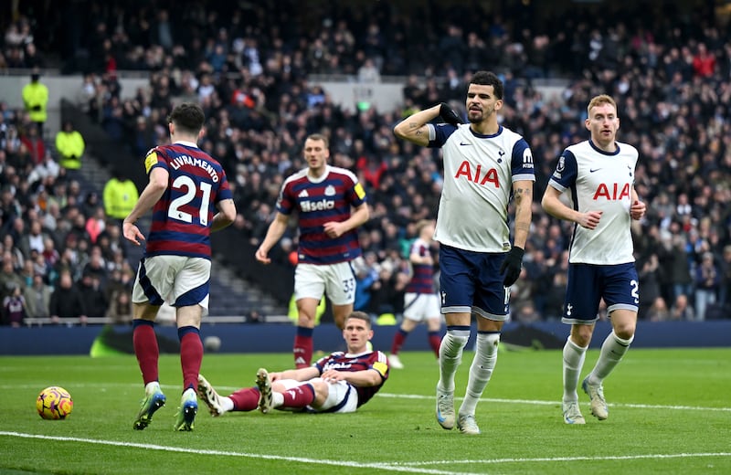 Tottenham's Dominic Solanke scores the opening goal against Newcastle at Tottenham Hotspur Stadium. Photograph: Shaun Botterill/Getty Images