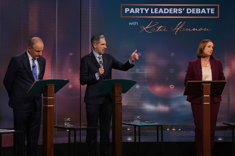 Tanaiste and leader of Fianna Fail, Micheal Martin (left), Taoiseach and leader of Fine Gael, Simon Harris and RTE Presenter Katie Hannon. Photo: Niall Carson/PA Wire