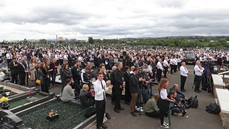 A crowd listens to former Sinn Féin president Gerry Adams speak during the funeral of senior Irish republican Bobby Storey at Milltown Cemetery in west Belfast. Photograph: Liam McBurney/PA Wire