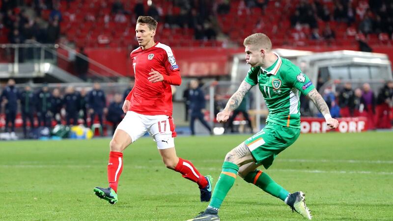 James McClean scores for Ireland in a 2018 World Cup qualifier against Austria. Photograph: Ryan Byrne/Inpho