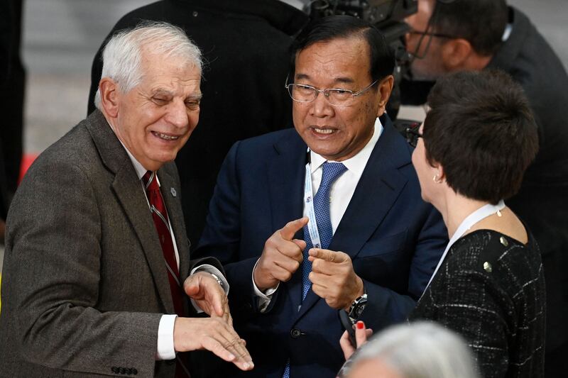 Cambodia's prime minister Samdech Techo Hun Sen (centre) speaks with high representative of the European Union for foreign affairs and security policy Josep Borrell (left) at the EU-Asean summit. Photograph: by John Thys/AFP via Getty Images