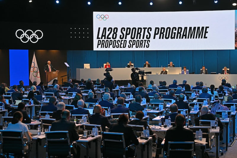 A digital display shows the new sports proposed for the 2028 Olympic Games in Los Angeles during the second day of the International Olympic Committee session in Mumbai in 2023. Photograph: Indranil Mukherjee/AFP via Getty Images