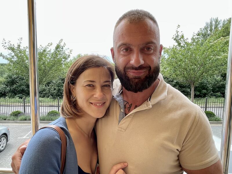 Soldier Dmytro and wife Natalya. Dmytro says: 'I don’t know what will happen to me, but I want my children to be in this world.'  Photograph: Daniel McLaughlin