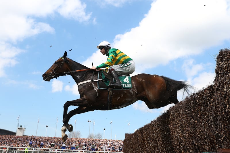 Aidan Coleman on his way to victory riding Jonbon in the EFT Systems Maghull Novices' Chase on Grand National day at Aintree, Liverpool,  in April 2023. Photograph: Michael Steele/Getty Images