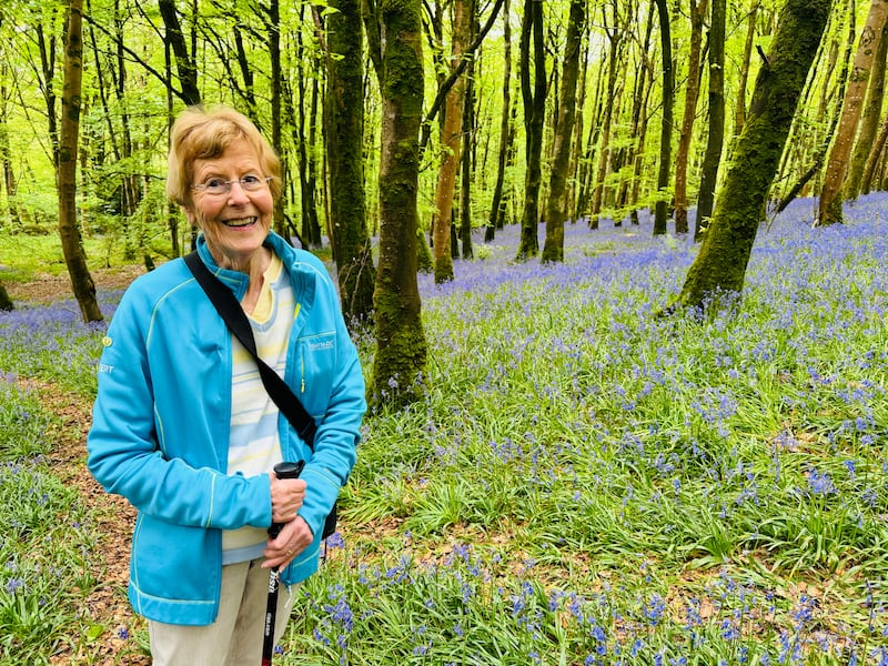 Chronicles Of The Sperrins: Voluteer Pat in the Bluebell Wood on Lissan Estate. Photograph: BBC Northern Ireland