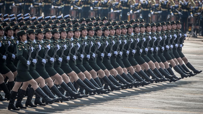 Chinese  troops march past Tiananmen Square during a military parade marking the 70th anniversary of the founding of the People’s Republic of China, in Beijing on Tuesday. Photograph: Roman Piipey/EPA