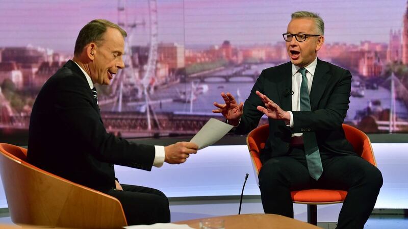 Michael Gove with host Andrew Marr appearing on the BBC1 current affairs programme, The Andrew Marr Show. Photograph: PA