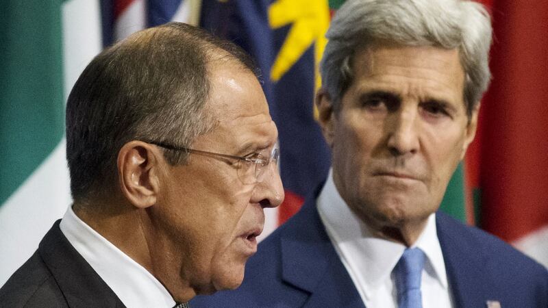 Russian foreign minister Sergei Lavrov (left) and US secretary of state John Kerry brief the media on the current situation in Syria, at UN headquarters in Manhattan, New York, September 30, 2015. Photograph: Andrew Kelly/Reuters