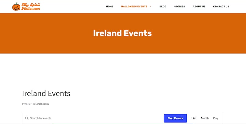 The website lists Halloween events in countries around the world, including Ireland, and features mostly legitimate listings.