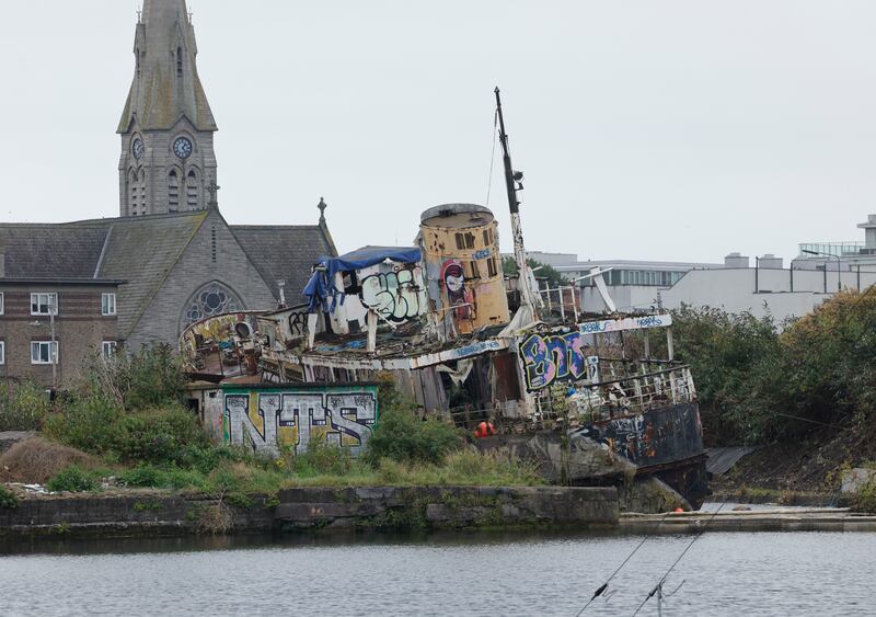 The MV Naomh Éanna in its final resting place in Ringsend on Friday. Photograph: Alan Betson/The Irish Times

