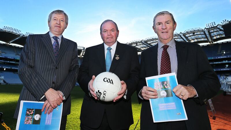 Eugene McGee at the launch of the Second Football Review Committee report in 2013 with GAA president Liam O’Neill and director general Paraic Duffy. Photograph:  Cathal Noonan/Inpho