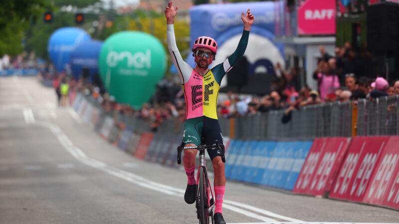 Ireland's Ben Healy celebrates as he crosses the finish line to win the eighth stage of the Giro d'Italia. Photograph: Luca Bettini/AFP via Getty Images