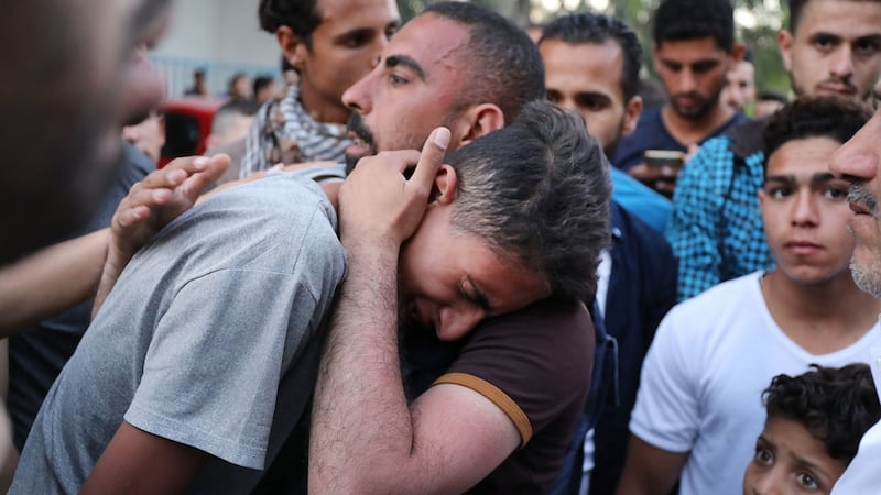 A teenager cries as he learns that his brother was killed on Monday during protests at the border fence with Israel in Gaza. Photograph:   Spencer Platt/Getty Images