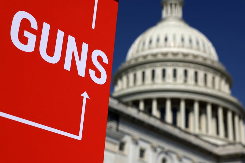 A sign at the US Capitol building in March at a gathering of Democrats calling for gun violence to be addressed.  Photograph:  Alex Wong/Getty Images