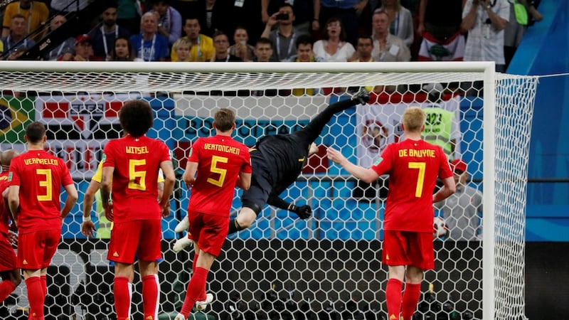 Thibaut Courtois make a key late save to deny Neymar in Kazan. Photograph: Gleb Garanich/Reuters