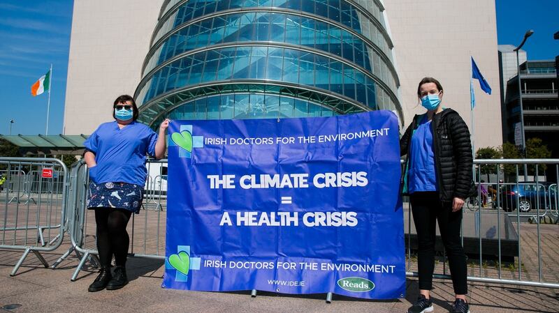 Dr Ana Rakovac and Dr Rachel MacCann  of Irish Doctors for the Environment   outside  the Convention Centre, Dublin. Photograph: Gareth Chaney/Collins