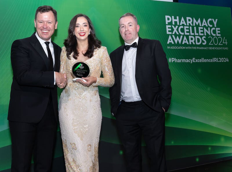 Young Pharmacist of the Year Anne-Marie Doherty, pictured with Anton Savage MC &  Leigh Quilty, Fitzgerald Power. Photograph: Paul Sherwood