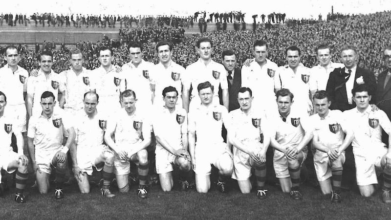 The Mayo senior football team (with Prendergast third from the right in the front row) that won the 1951 All-Ireland senior football title are pictured before the game against Meath at Croke Park. Photo: The Mayo News