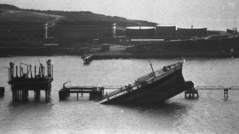 The wreck of the ‘Betelgeuse’ after the explosion at the Gulf Oil terminal at Whiddy Island, Bantry on January 9th, 1979 Photograph: Paddy Whelan/THE IRISH TIMES