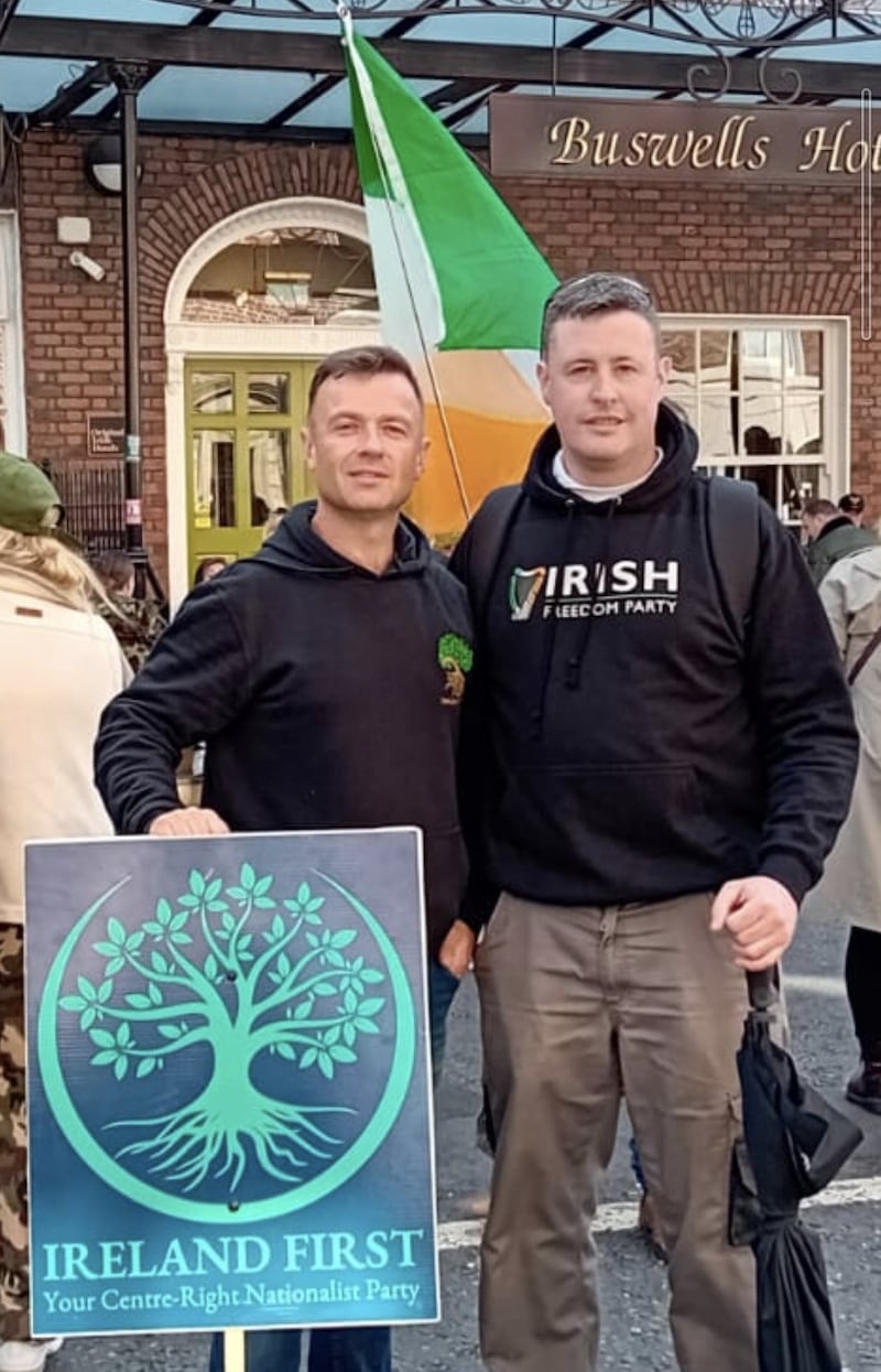 Derek Blighe, left, with Shane Lynam of the Irish Freedom Party, at the Dáil protest.