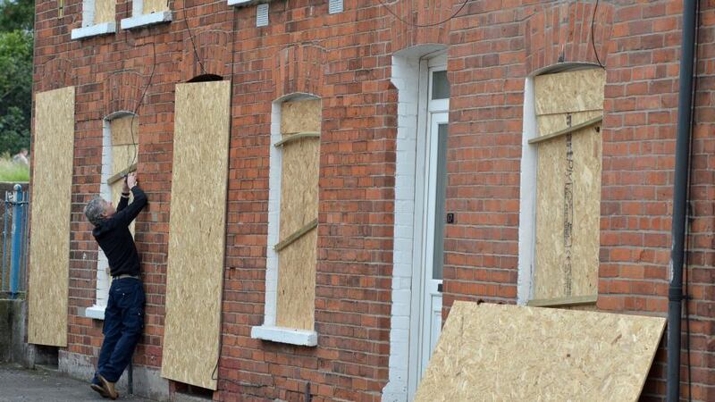 Some of the Chobham Street houses in east Belfast being boarded up before a  bonfire on July 11th, 2015. Photograph: Charles McQuillan/Getty Images