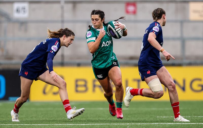 Ireland captain Amee-Leigh Costigan in action against France's Morgane Bourgeois and Manae Feleu. Photograph: Ben Brady/Inpho