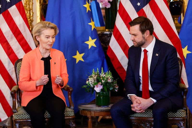 President of the European Commission Ursula von der Leyen and US vice-president JD Vance at the US embassy in Paris on Tuesday. Photograph: Ian Langsdon/AFP via Getty