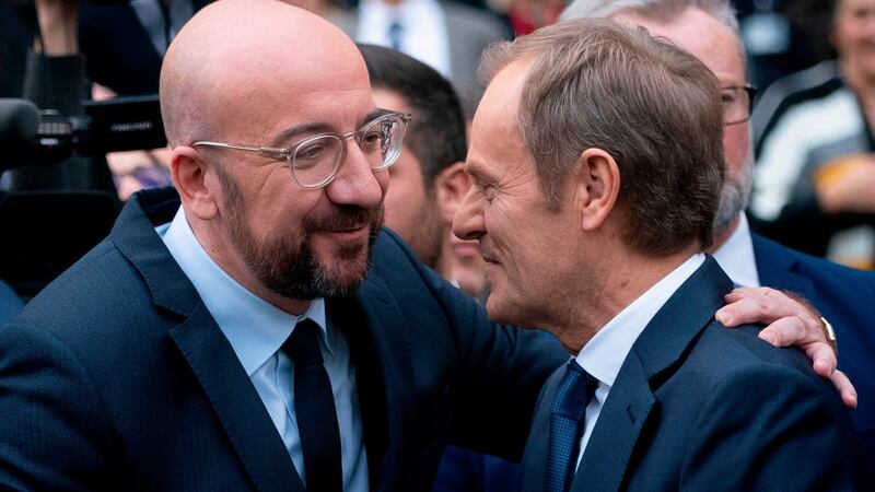 Newly appointed European Council president Charles Michel with Donald Tusk. Photograph: Kenzo Tribouillard/AFP via Getty Images