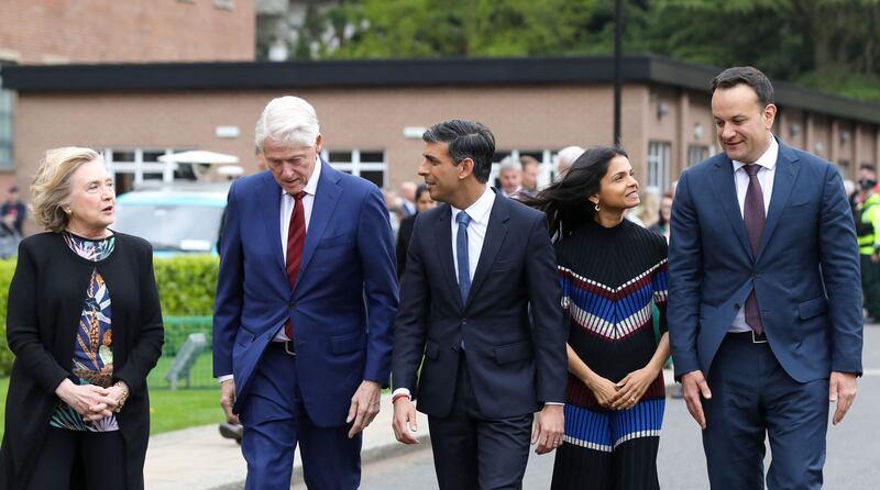 Former US secretary of state Hillary Clinton, former US president Bill Clinton, British prime minister Rishi Sunak, his wife Akshata Murty and Taoiseach Leo Varadkar on the final day of the Queen's University Belfast conference. Photograph: Paul Faith/AFP via Getty Images