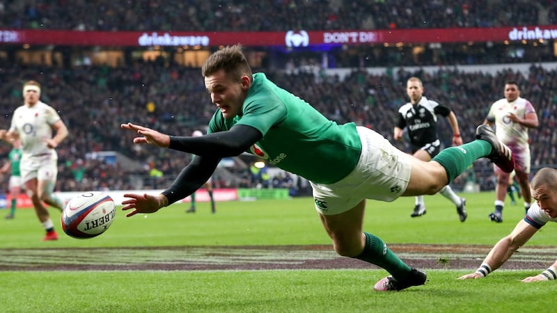 Ireland’s Jacob Stockdale scores a try against England at Twickenham in 2018. Photograph: Billy Stickland/Inpho